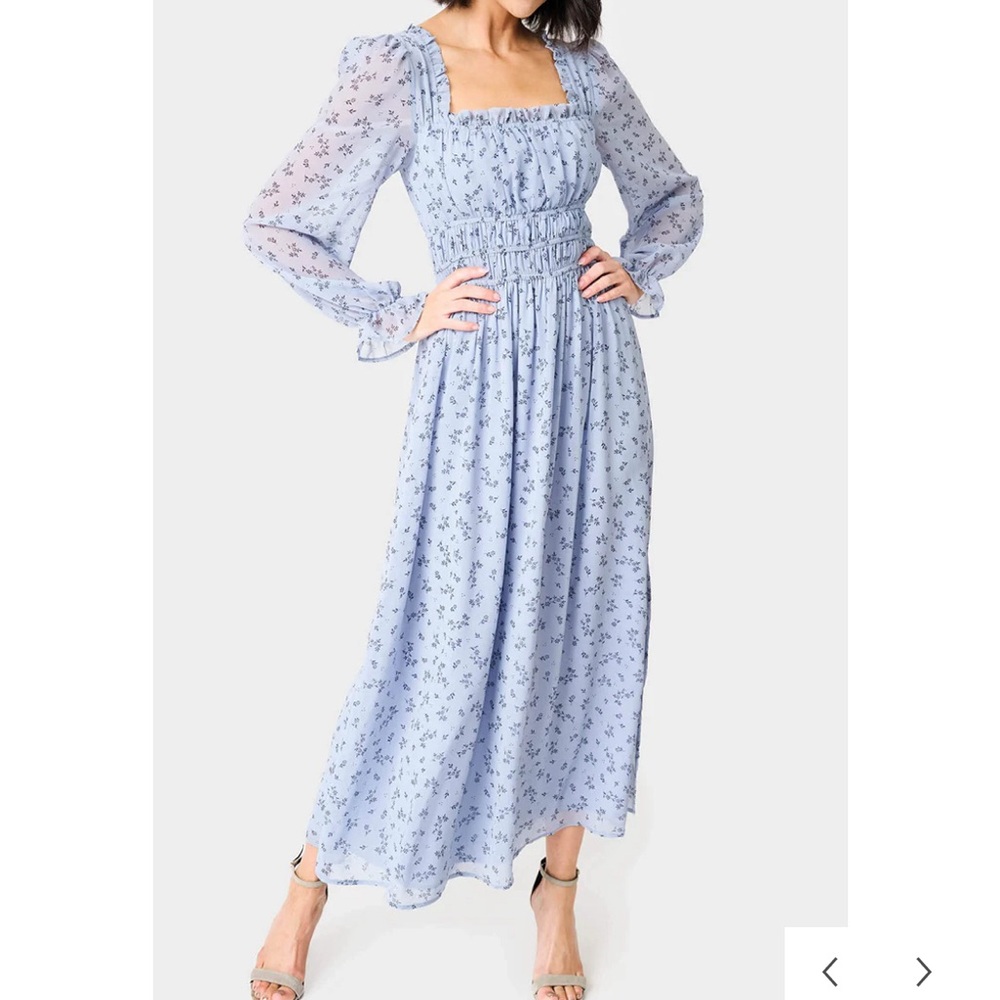 Long sleeve squared neck shirred maxi dress